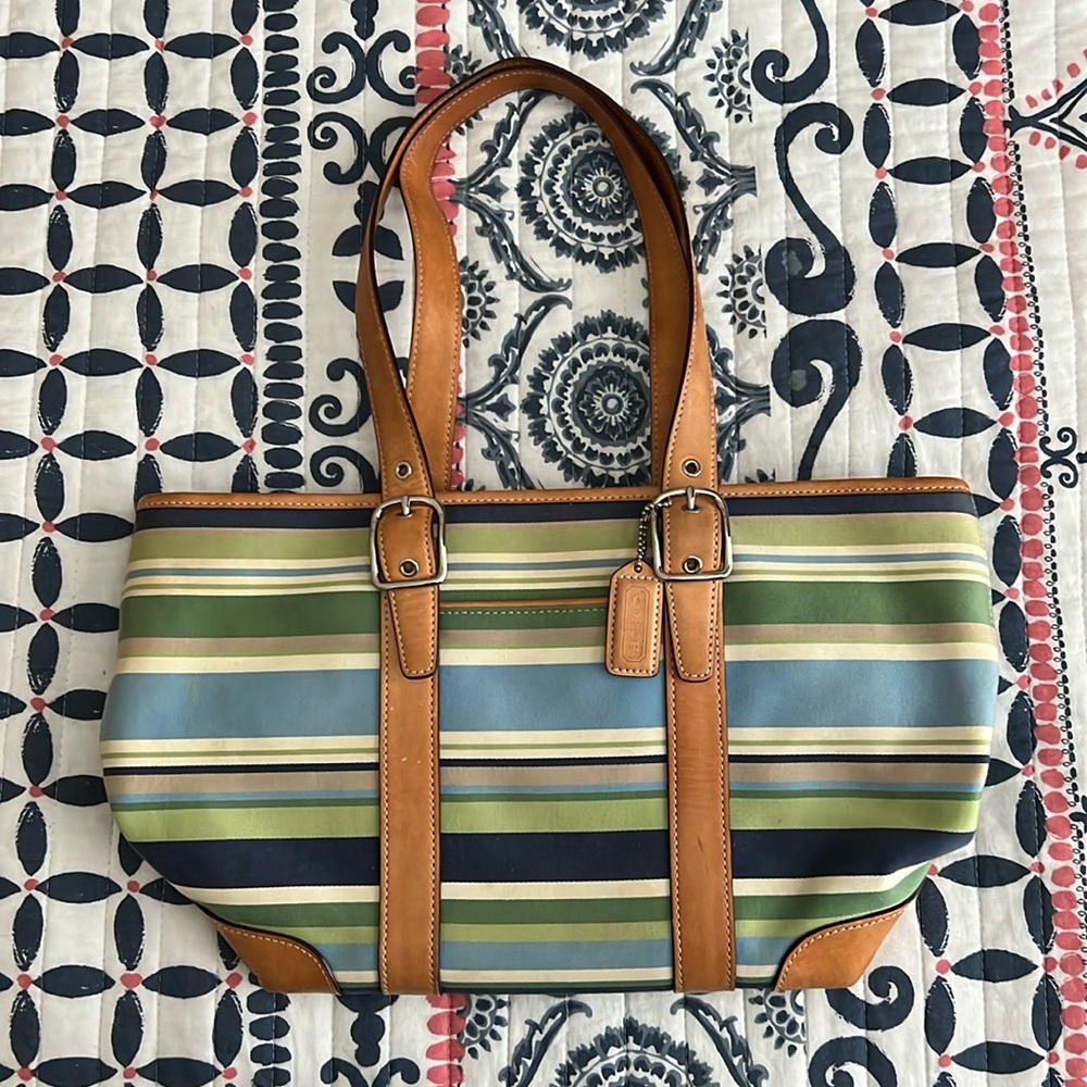 Coach used green/blue multi tote handbag